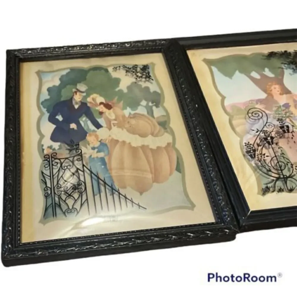 Vintage 1942 Victorian Silhouette Convex Glass Wood Frame S.Colef 3 Pieces